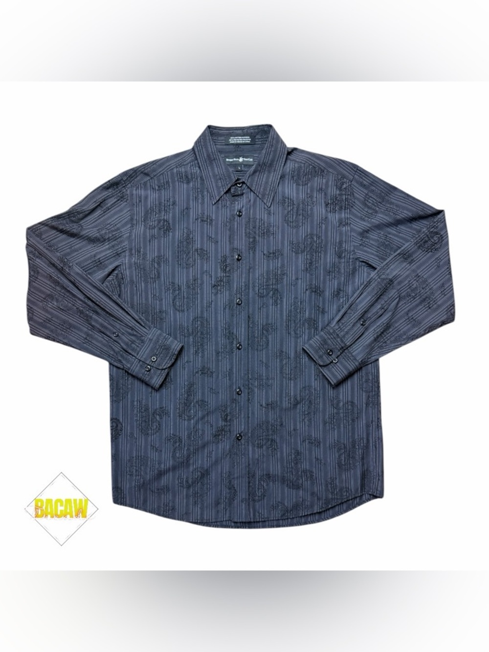 Beverly Hills Polo Club Men’s Large Black Striped Floral Button Down Dress Shirt
